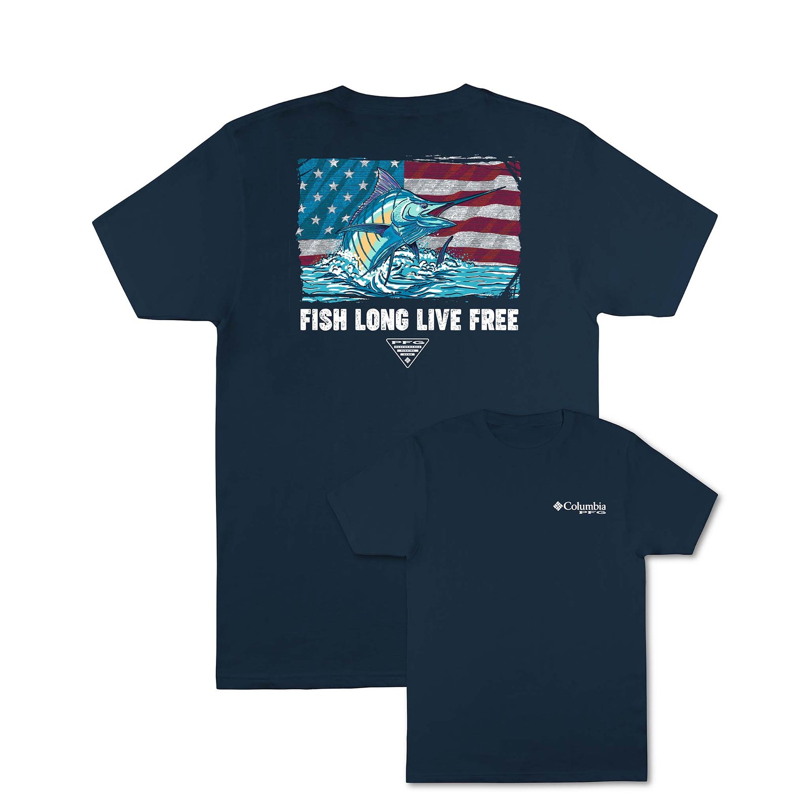 Columbia Sportswear Live Free Men's Short Sleeve T-shirt, sizes S-XXL. Navy shirt with back graphic of marlin jumping in front of an American flag with the text “Fish Long Live Free.” Columbia logo on front chest.