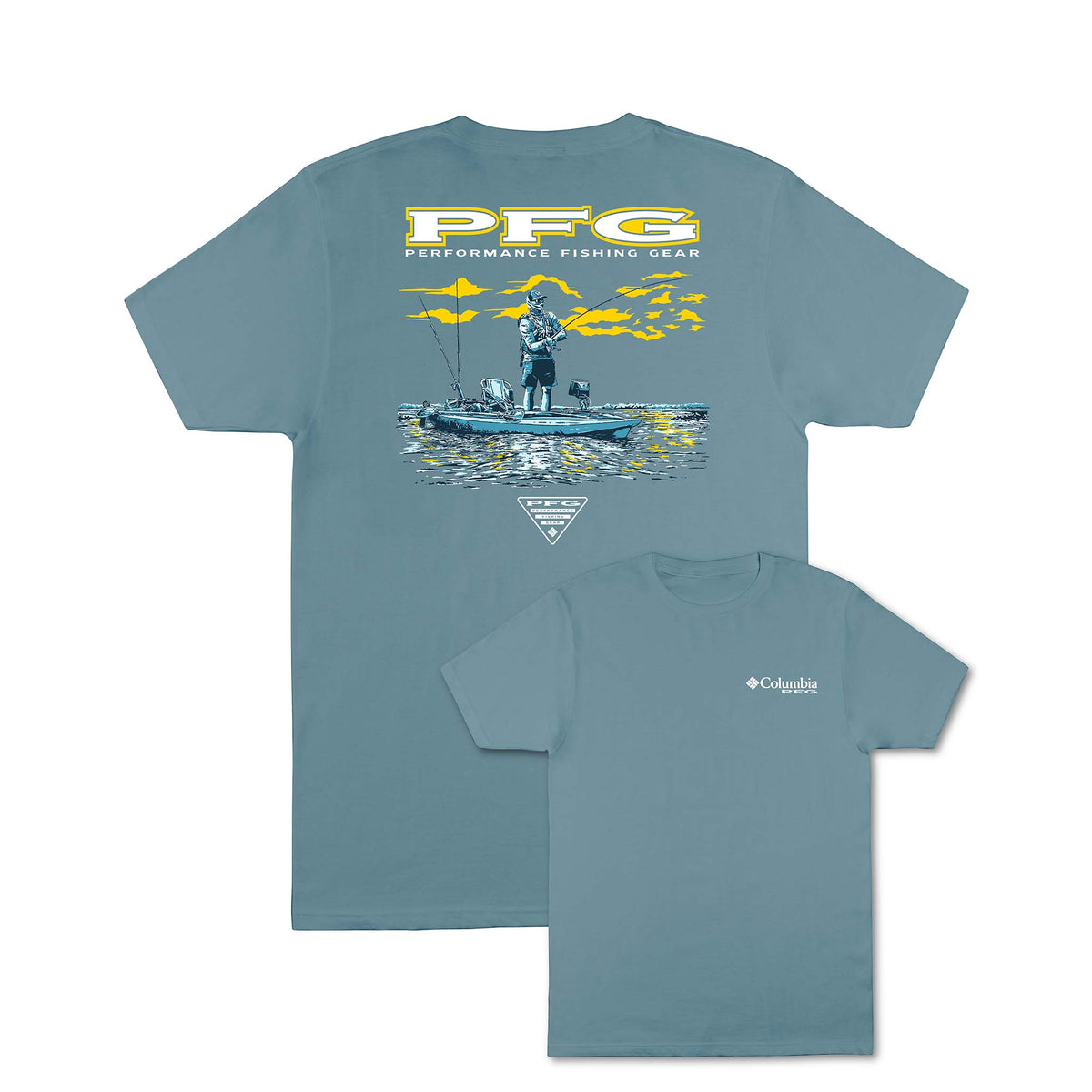 Blue t-shirt with fishing graphic and 'PFG Performance Fishing Gear' text on a white background