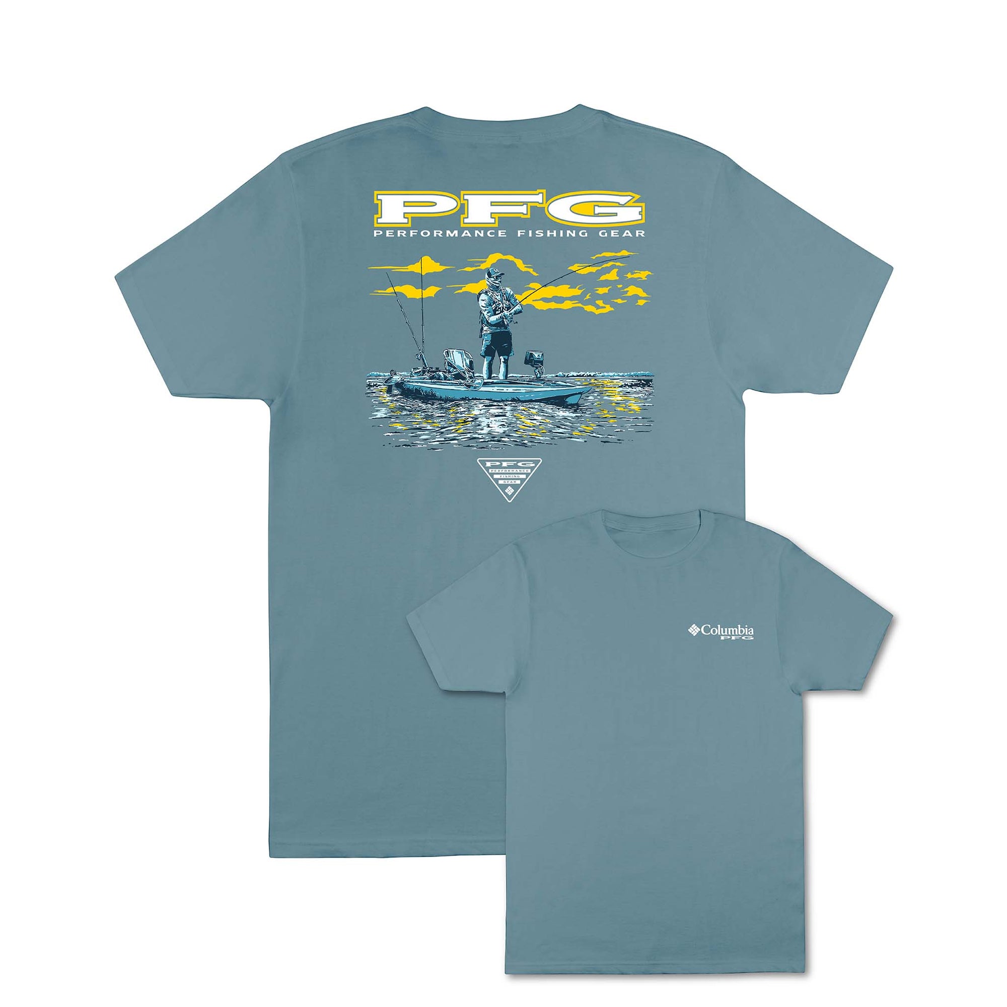 Blue t-shirt with fishing graphic and 'PFG Performance Fishing Gear' text on a white background