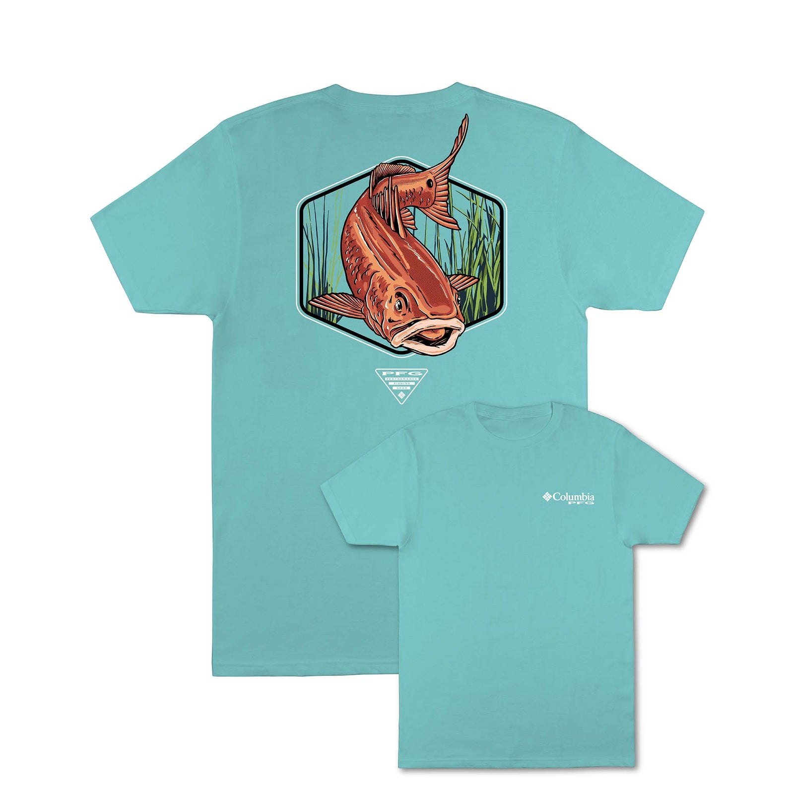 Teal t-shirt with a fish graphic on the back, displayed from two angles.