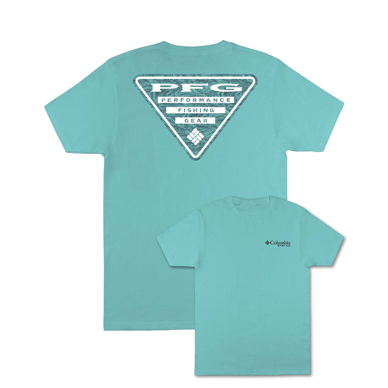 Teal t-shirt with Columbia logo on a white background