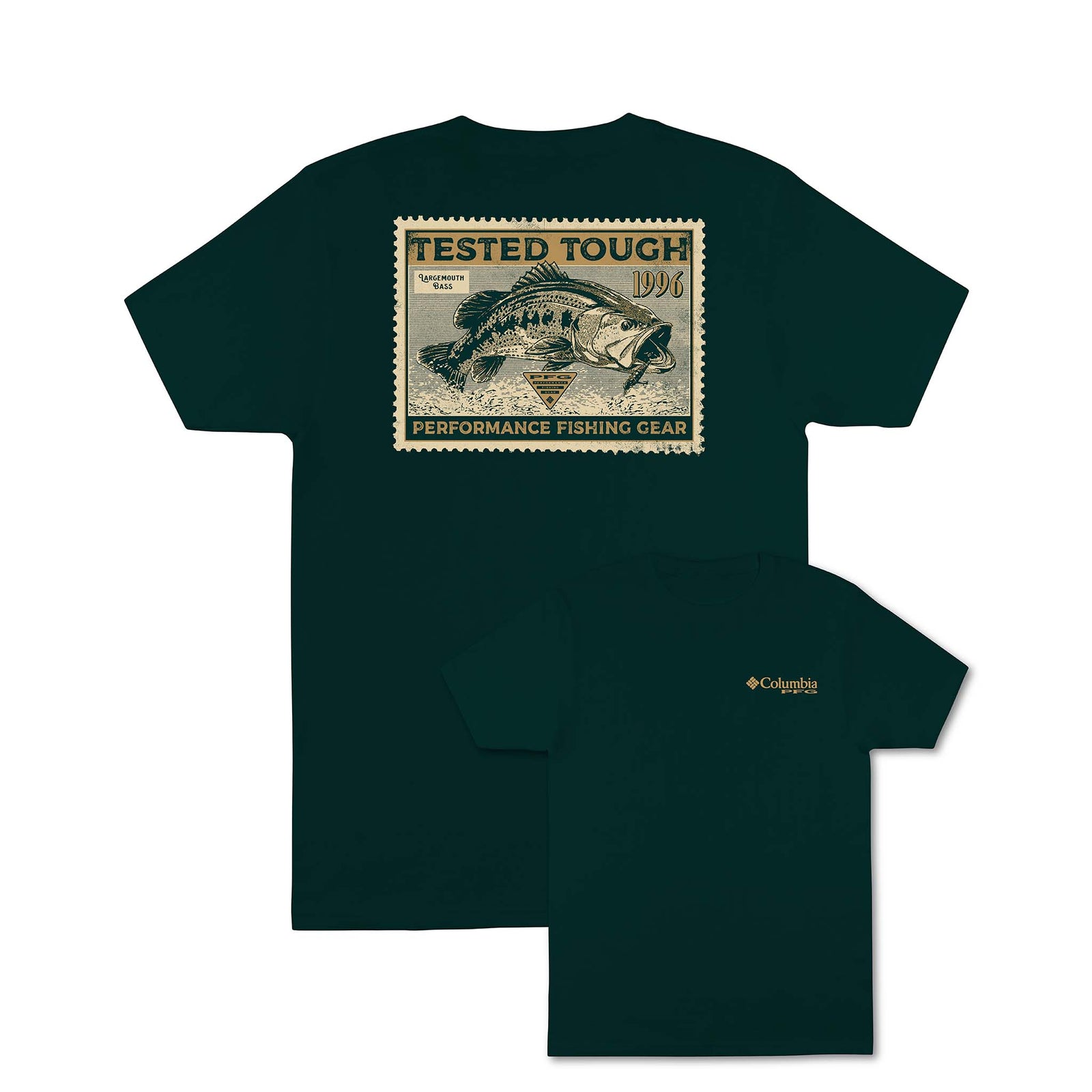 Columbia PFG Tested Tough T-shirt in dark teal with large back graphic of a bass fish and "Performance Fishing Gear" text, small Columbia logo on front.