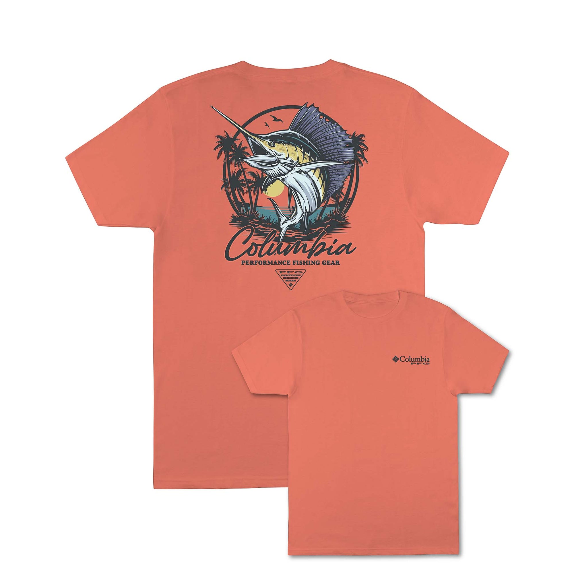 Columbia PFG T-shirt in bright peach with large back graphic of a marlin leaping in front of palm trees and sunset, small Columbia logo on front chest.