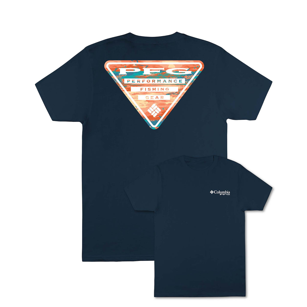 Columbia navy short sleeve t-shirt with small logo on front chest and large back graphic reading “PFG Performance Fishing Gear.”