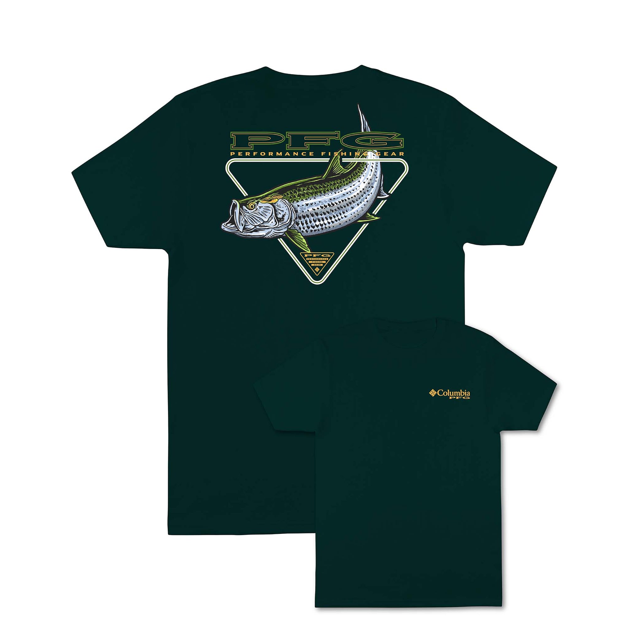 Columbia midnight teal short sleeve t-shirt with small chest logo and large back graphic featuring a silver fish and PFG Performance Fishing Gear text.