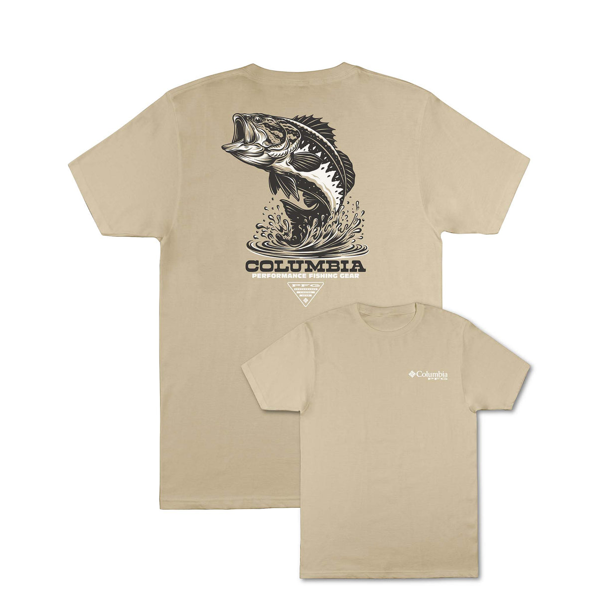 Columbia beach-colored short sleeve t-shirt with small chest logo and large back graphic of a leaping fish above “Columbia Performance Fishing Gear.”