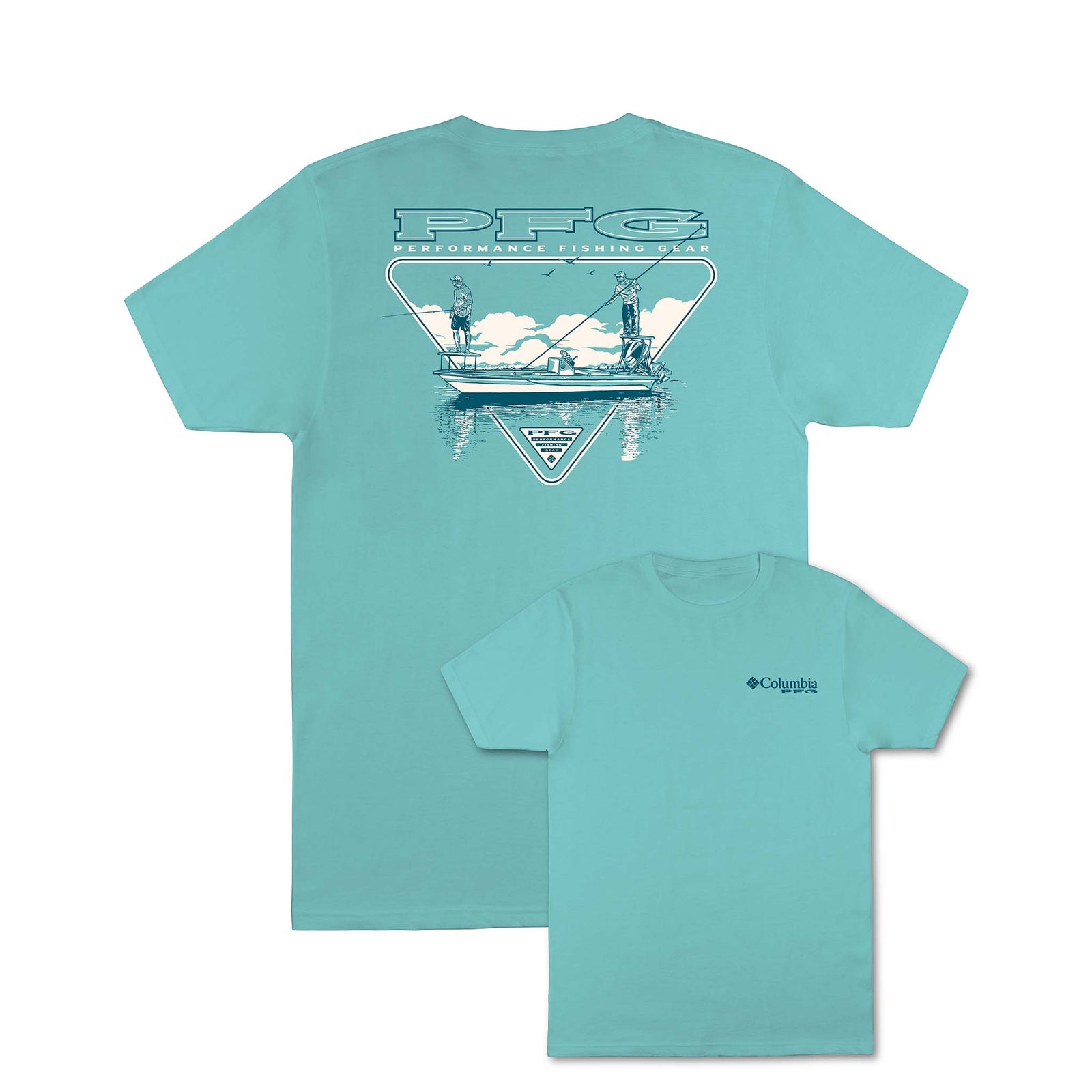 Columbia Gulf Stream short sleeve t-shirt with small chest logo and large back graphic of two anglers fishing from a boat with PFG Performance Fishing Gear text.