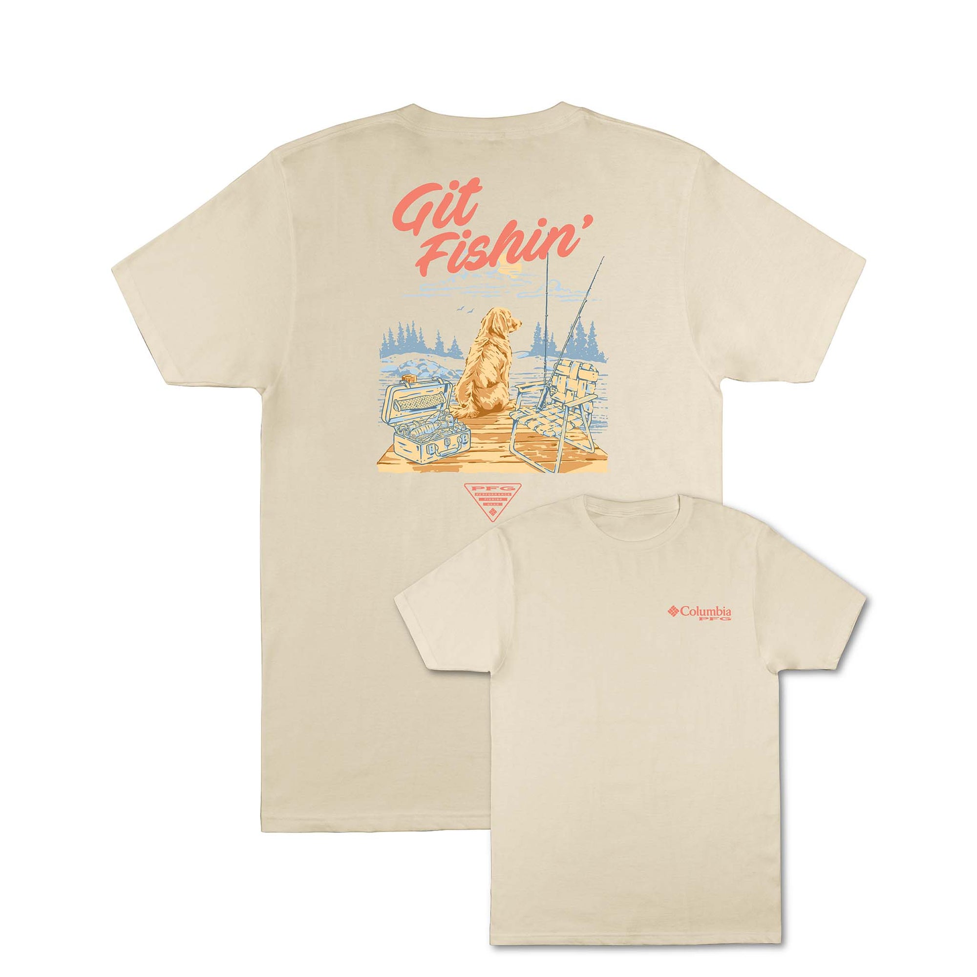 Columbia chalk short sleeve t-shirt with small chest logo and large back graphic of a dog on a dock with fishing gear and text reading “Git Fishin’.”