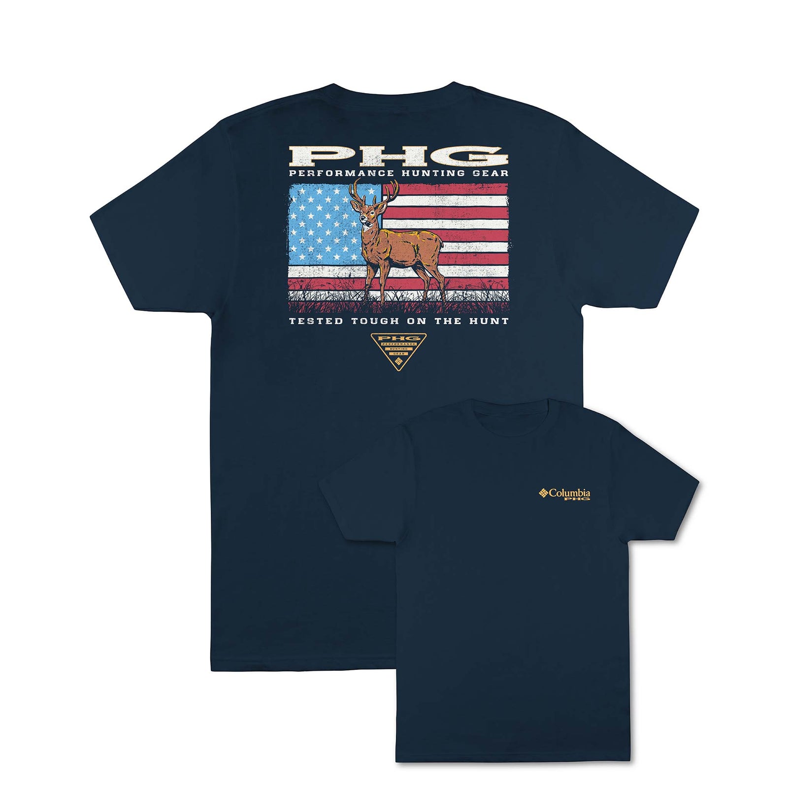 Columbia navy short sleeve t-shirt with small chest logo and large back graphic of a deer in front of an American flag with “PHG Performance Hunting Gear.”