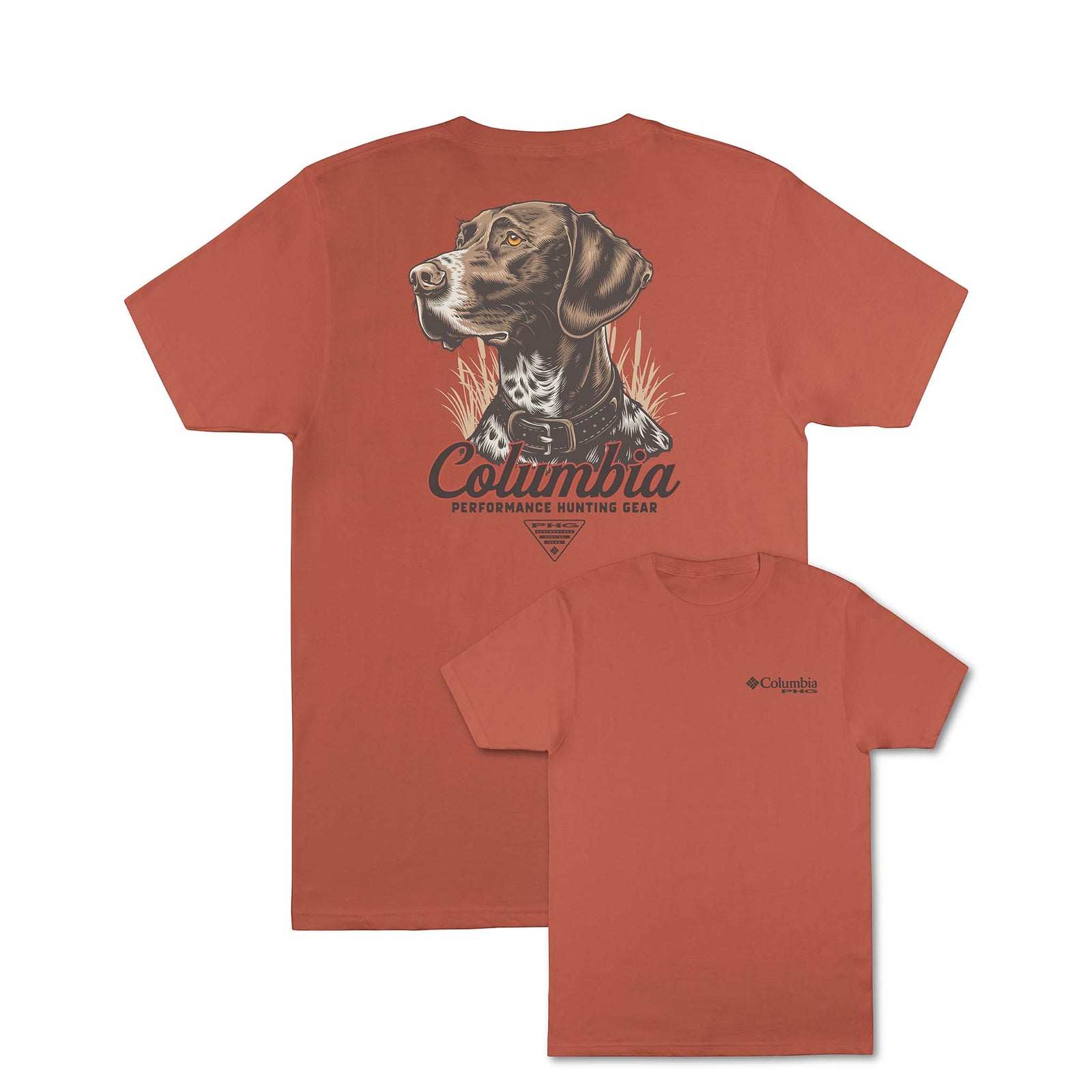 Columbia t-shirt with a dog graphic on the back and brand logo on the front, displayed on a white background.