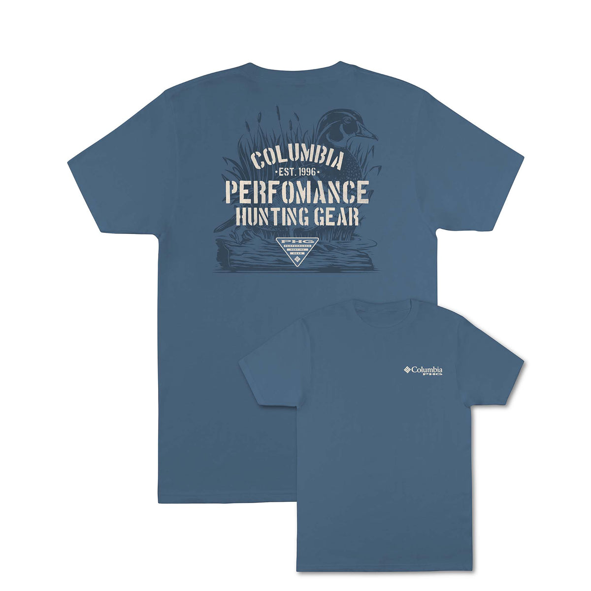 Blue t-shirt with Columbia logo and text on a white background