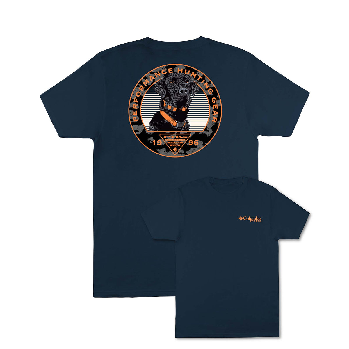 Navy blue t-shirt with a graphic design on the back featuring a dog and text, on a white background.