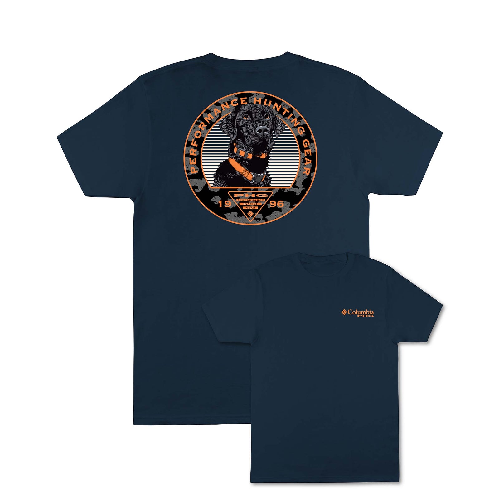 Navy blue t-shirt with a graphic design on the back featuring a dog and text, on a white background.