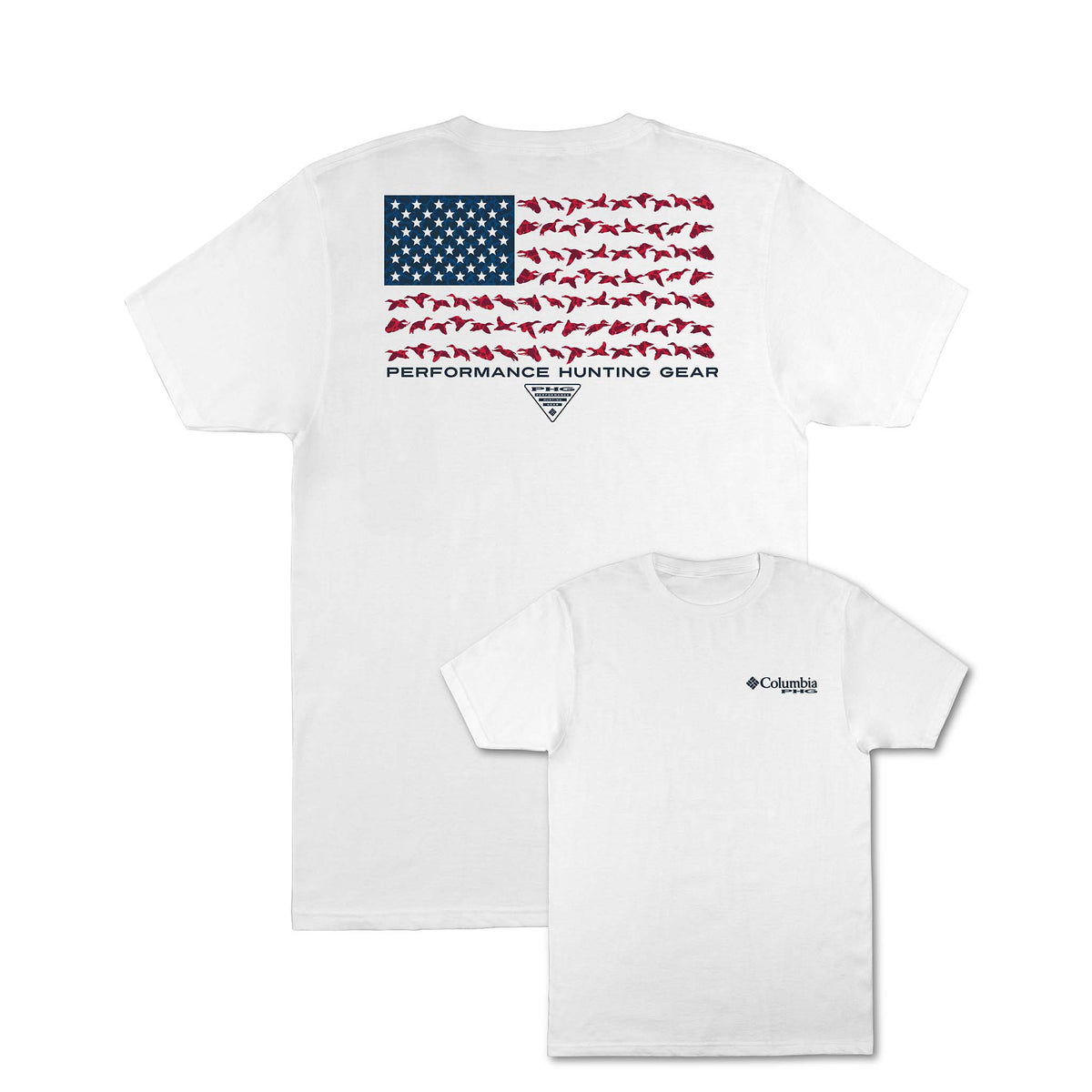 White t-shirt with American flag design and Columbia logo on a white background