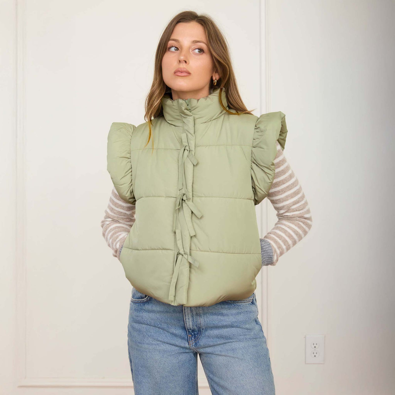 Bow Front Vest in Light Olive by blu pepper