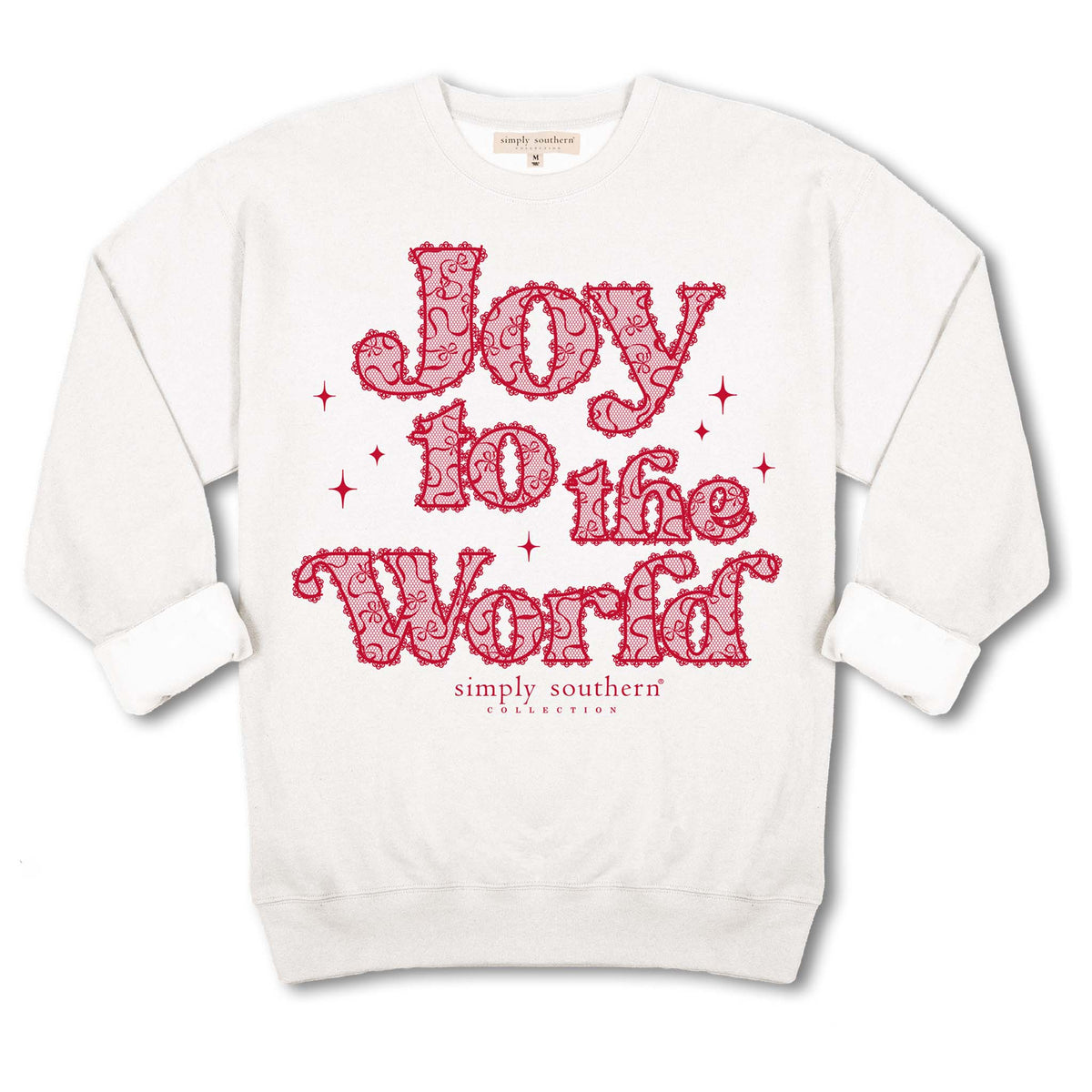 Off White Simply Southern crewneck sweatshirt with red “Joy to the World” lace-style text and small red stars.