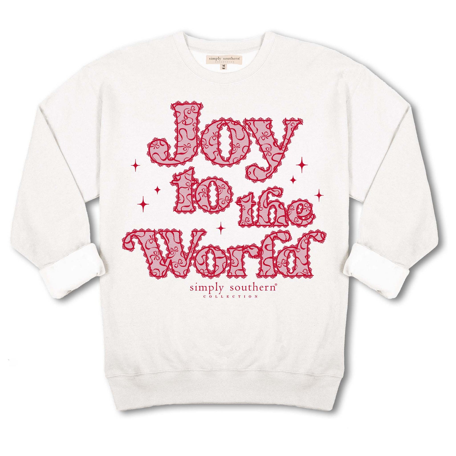 Off White Simply Southern crewneck sweatshirt with red “Joy to the World” lace-style text and small red stars.
