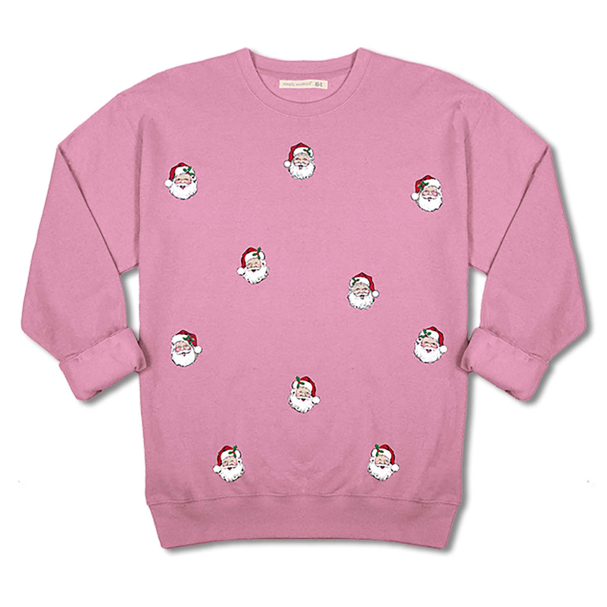 Bubblegum pink Simply Southern crewneck sweatshirt with scattered Santa face graphics.