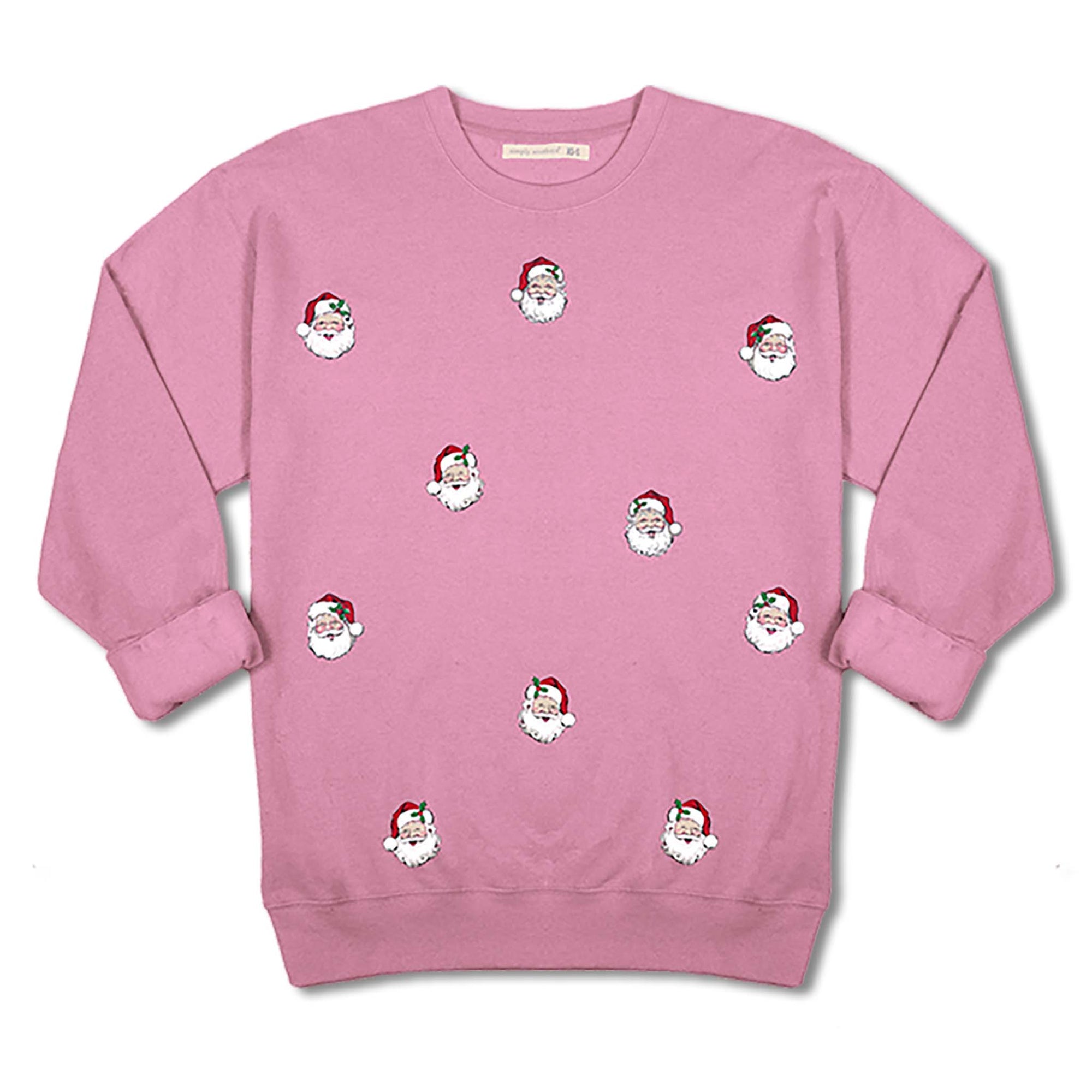 Bubblegum pink Simply Southern crewneck sweatshirt with scattered Santa face graphics.