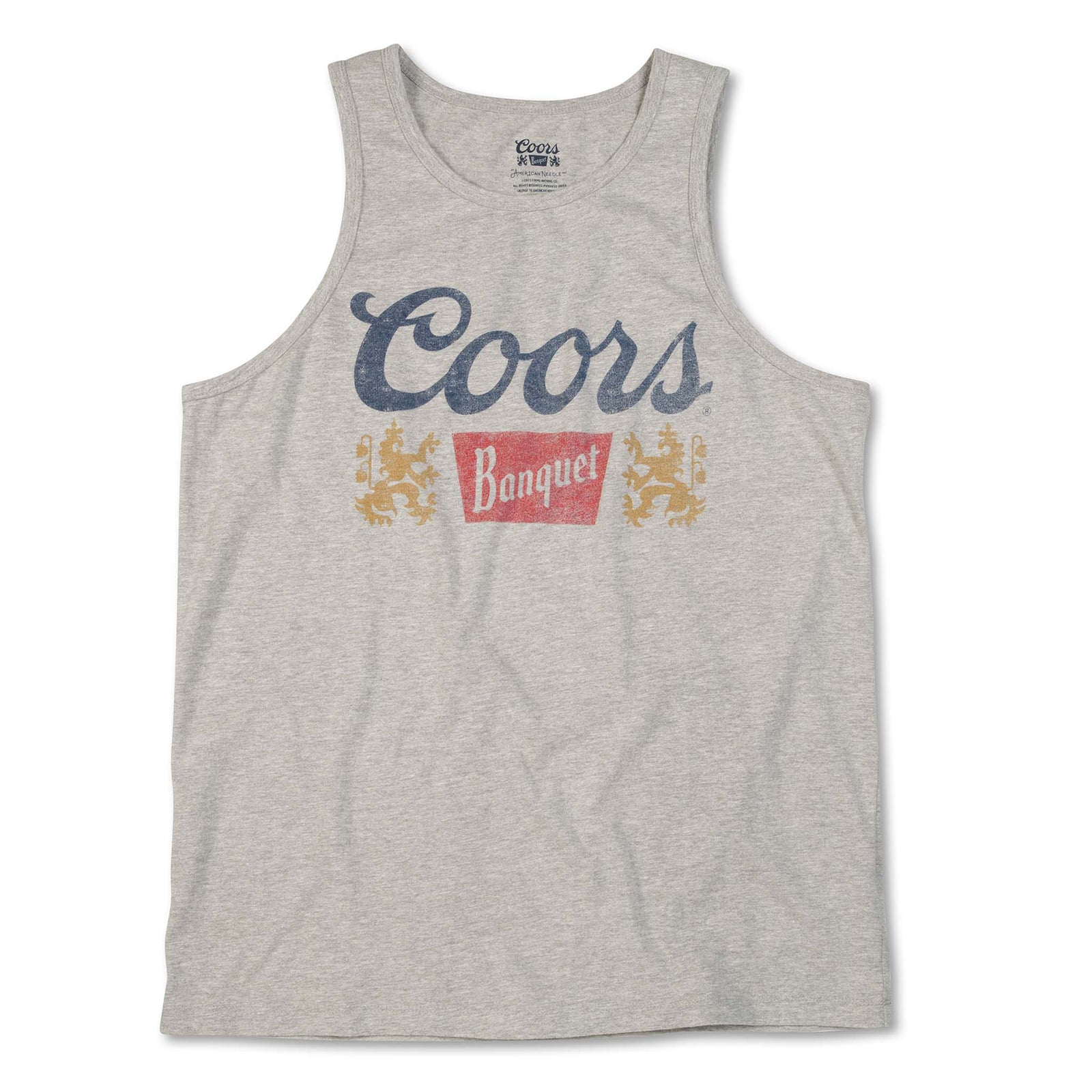 American Needle men's heather gray tank top with a vintage Coors Banquet graphic in navy, red, and gold featuring two lion emblems. Sizes S-XXL.