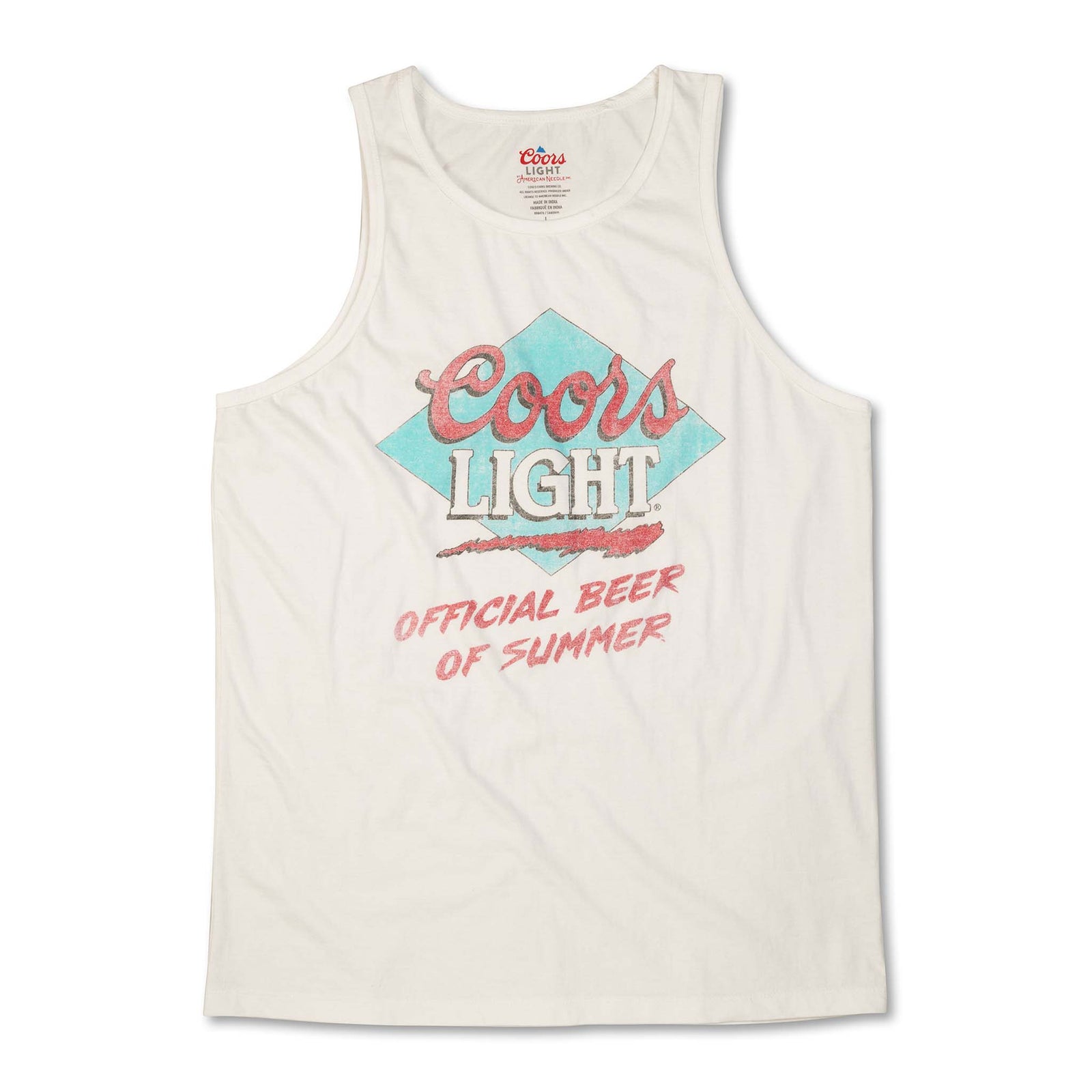 American Needle men's white tank top with distressed “Coors Light” and “Official Beer of Summer” text in red and blue on a teal diamond background. Sizes S-XXL available.