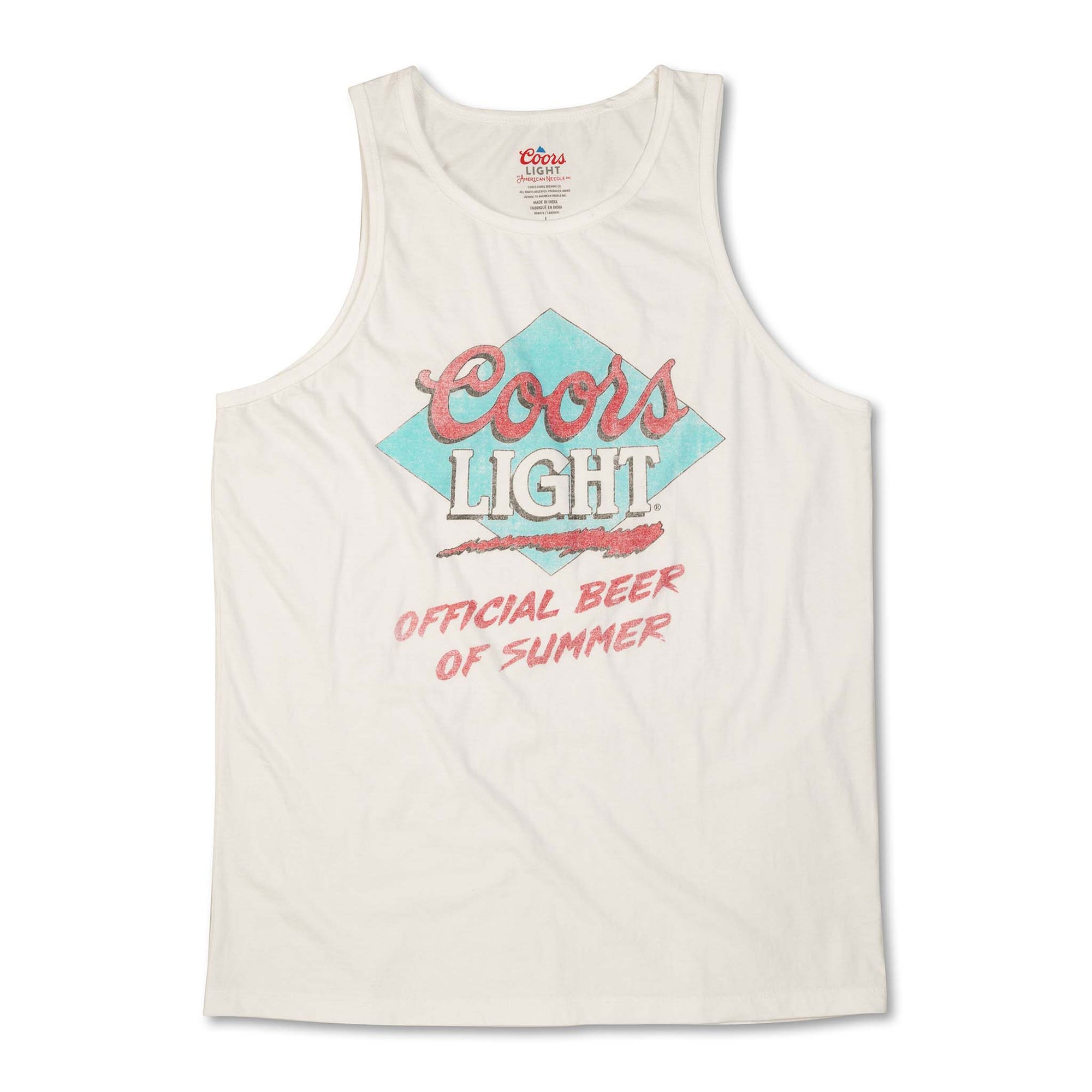 American Needle men's white tank top with distressed “Coors Light” and “Official Beer of Summer” text in red and blue on a teal diamond background. Sizes S-XXL available.