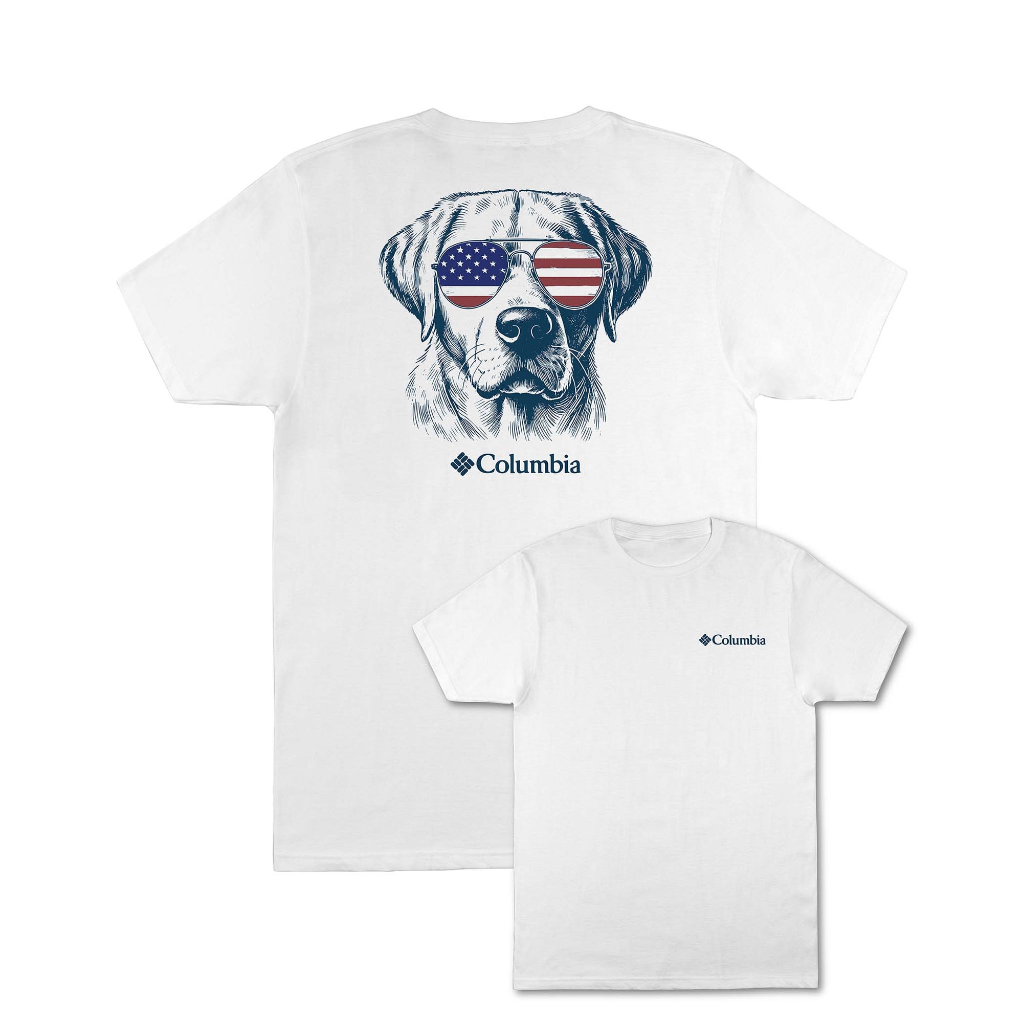 White t-shirt with a dog graphic and American flag sunglasses on a white background