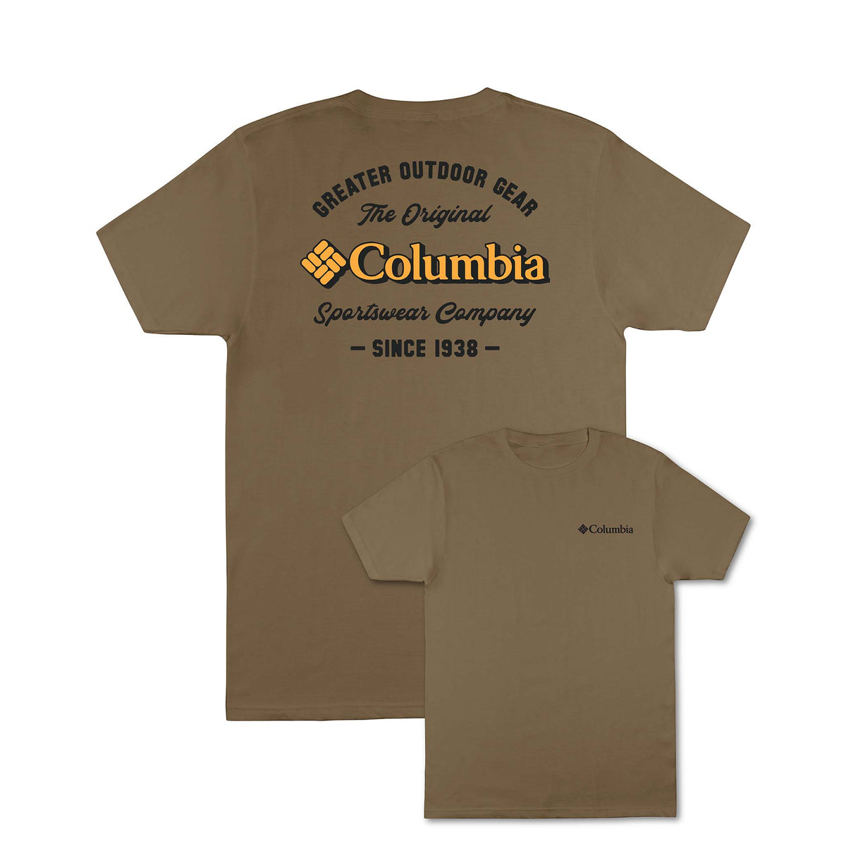 Brown t-shirt with Columbia logo and text on a white background