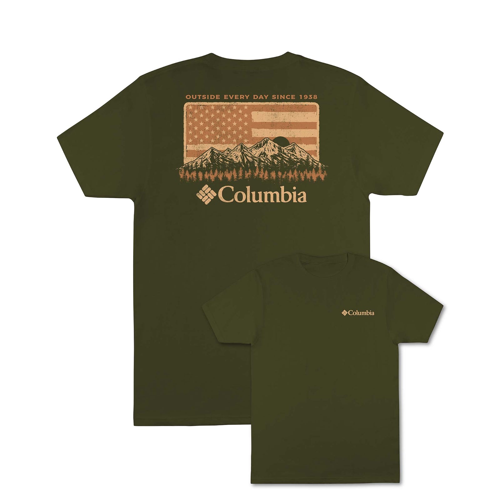 Green t-shirt with Columbia logo and mountain design on a white background
