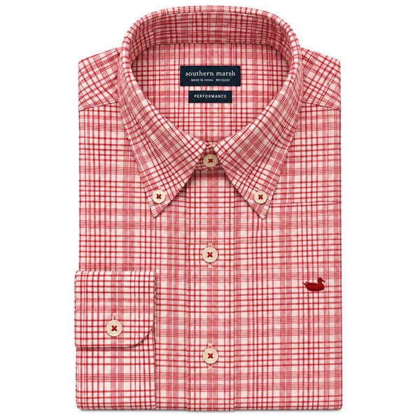 Shenandoah Performance Button Down Shirt in Crimson and White