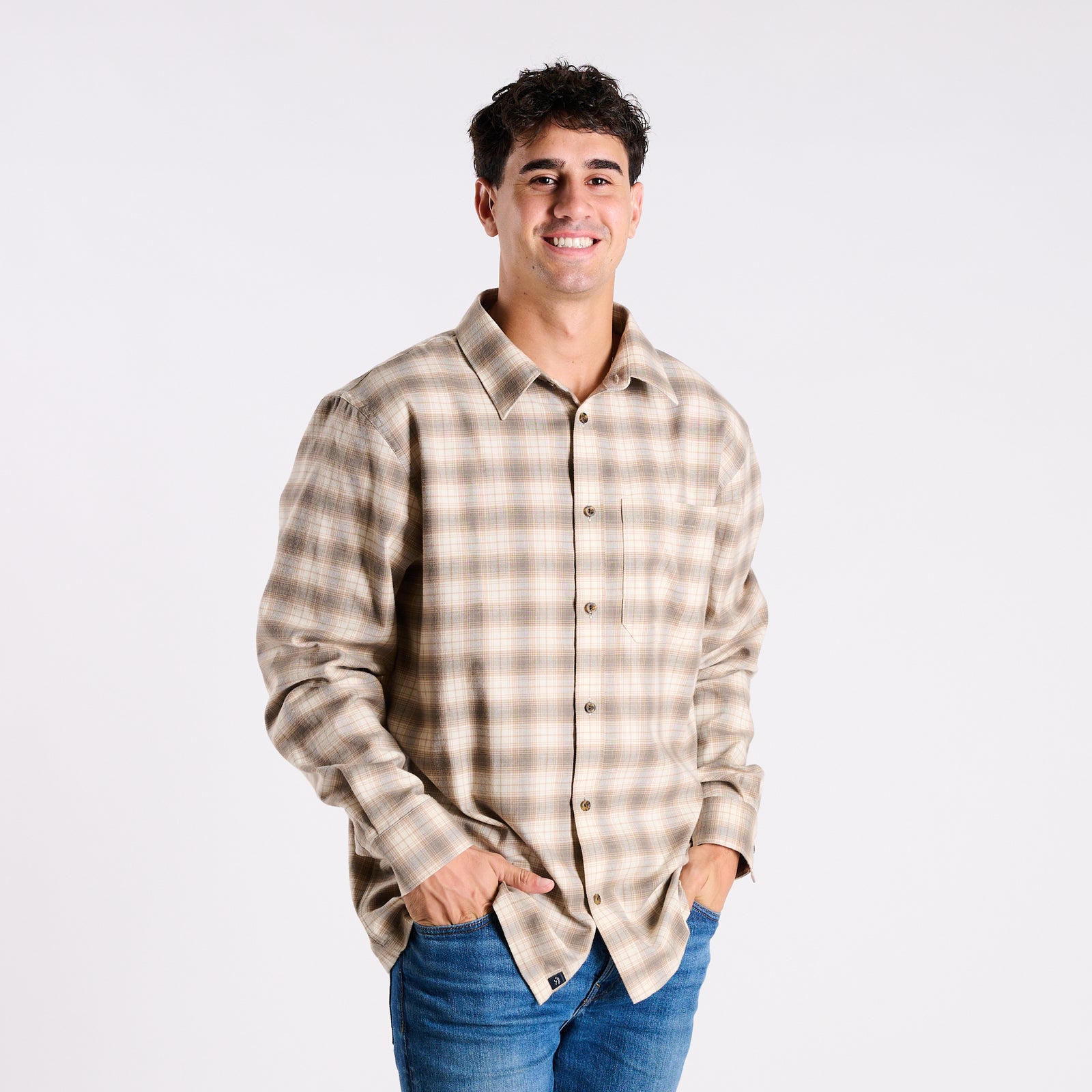 Harbor One Pocket Button Down  Flannel in Ivy and Light Tumber