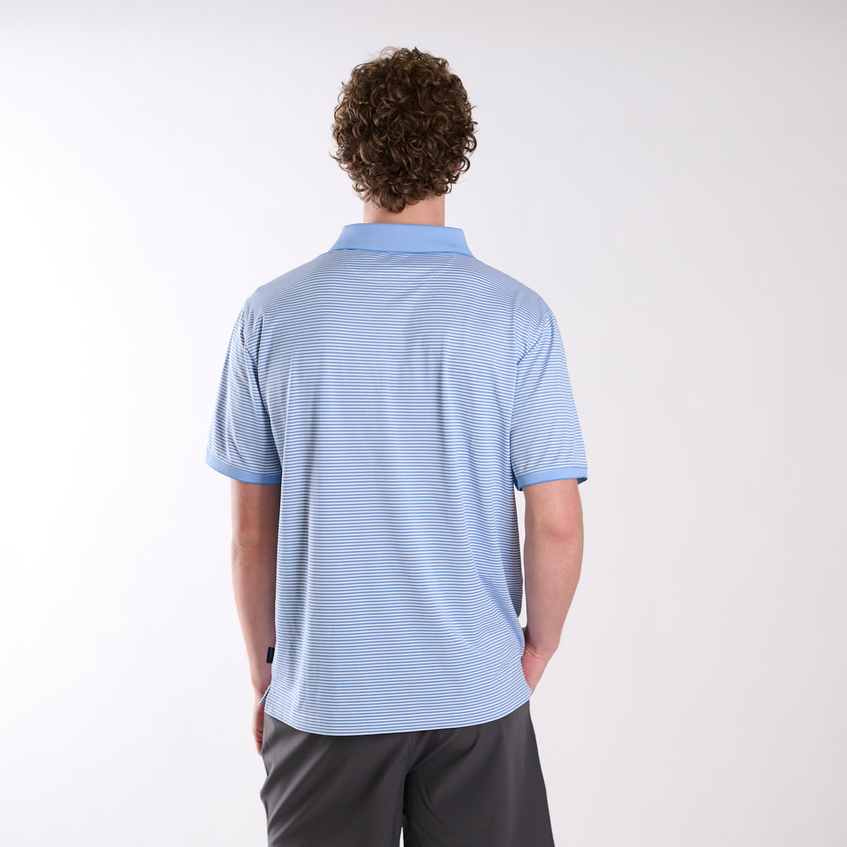 Full back view of COAST Stripe Performance Polo with micro-stripe pattern, worn by a model in a studio setting.