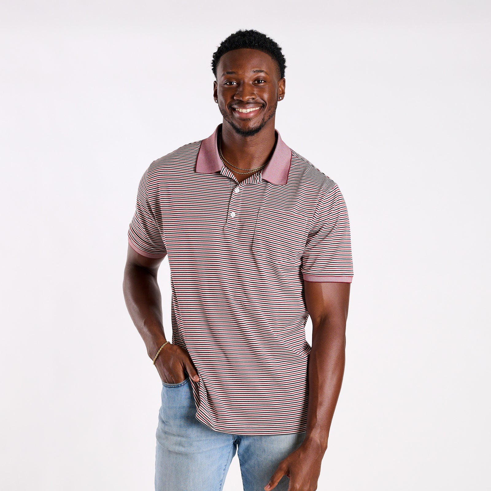 Slipknot Stripe Tricolor Pocket Polo in Boysenberry, Black, and White