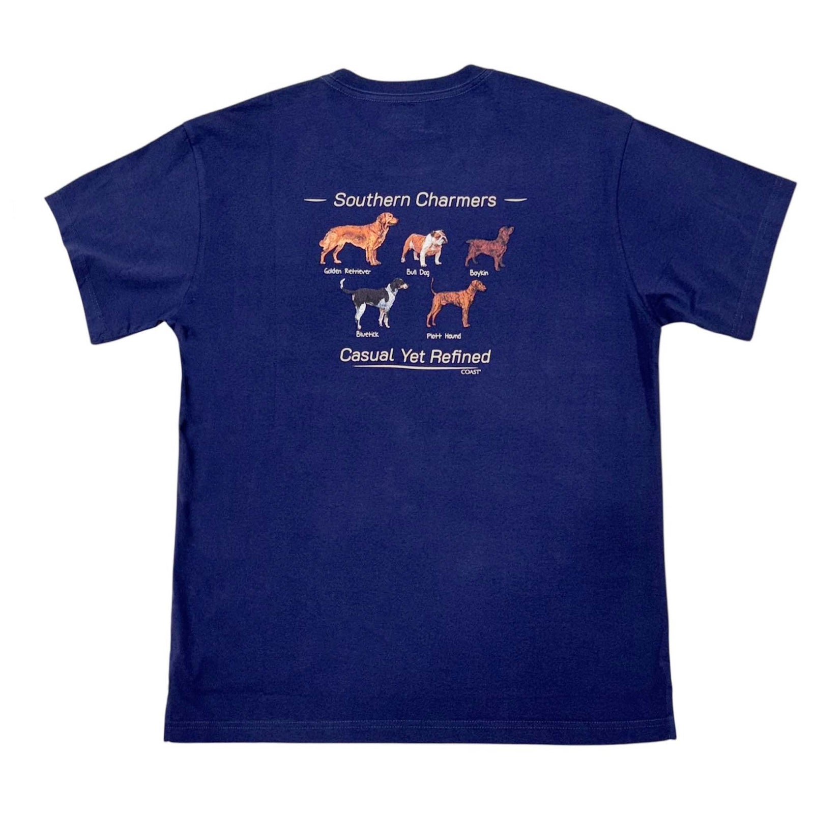Back view of indigo Coast pocket t-shirt with “Southern Charmers” dog breed graphic and text “Casual Yet Refined.”