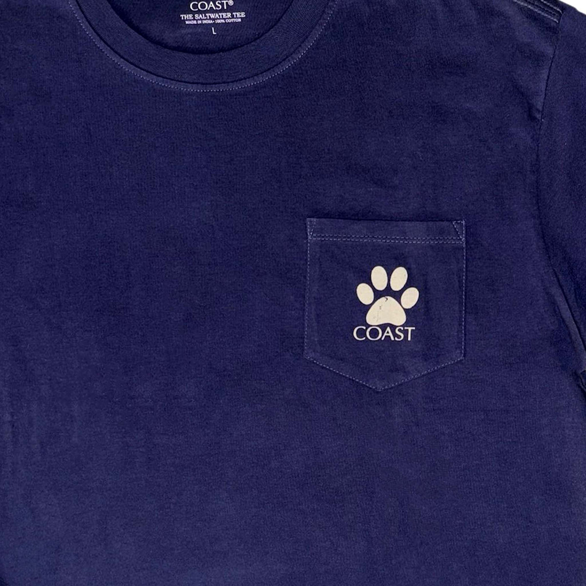 Front view of indigo Coast pocket t-shirt with paw print logo on chest pocket.