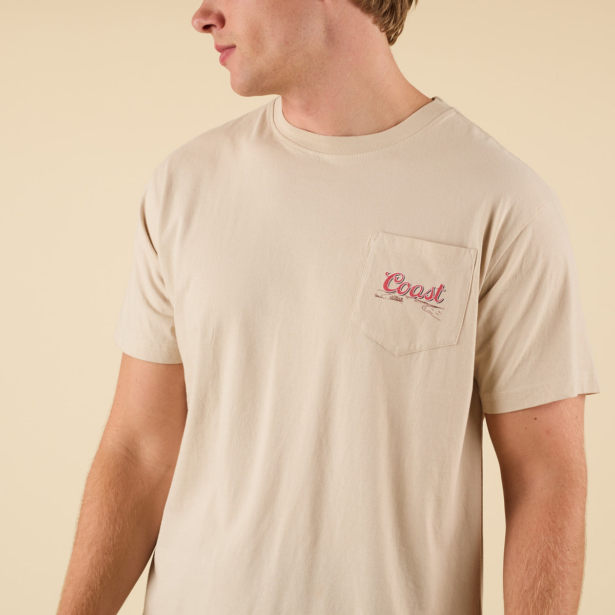 Front view of COAST Pheasant short sleeve t-shirt in beige with Coast logo on chest pocket.