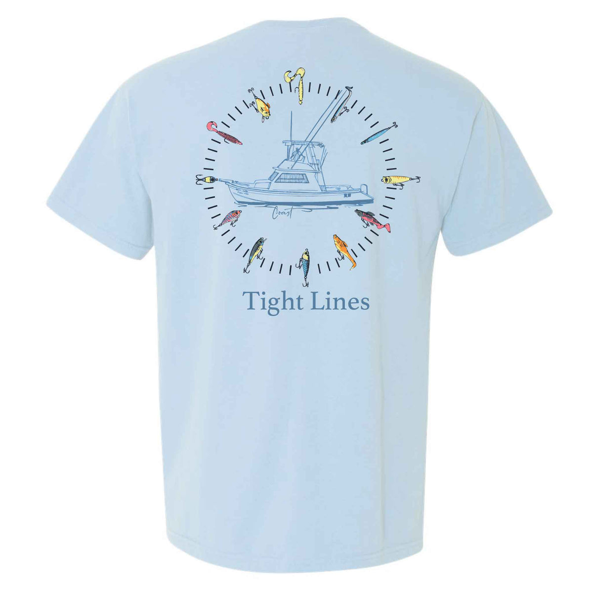 Back of COAST chambray blue t-shirt featuring fishing boat graphic surrounded by colorful fishing lures with “Tight Lines” text below.
