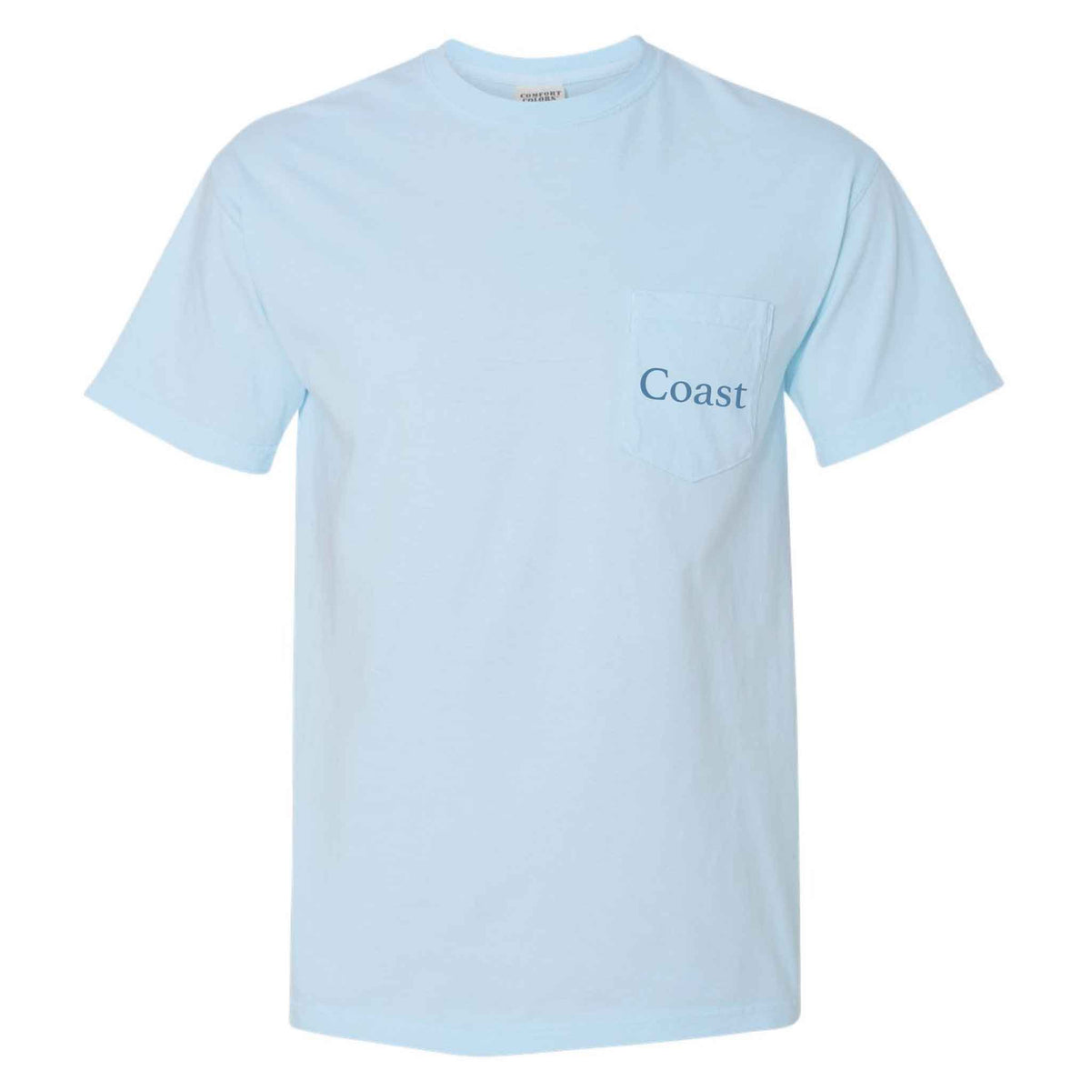 COAST chambray blue short sleeve pocket t-shirt with Coast logo printed on the front chest pocket.