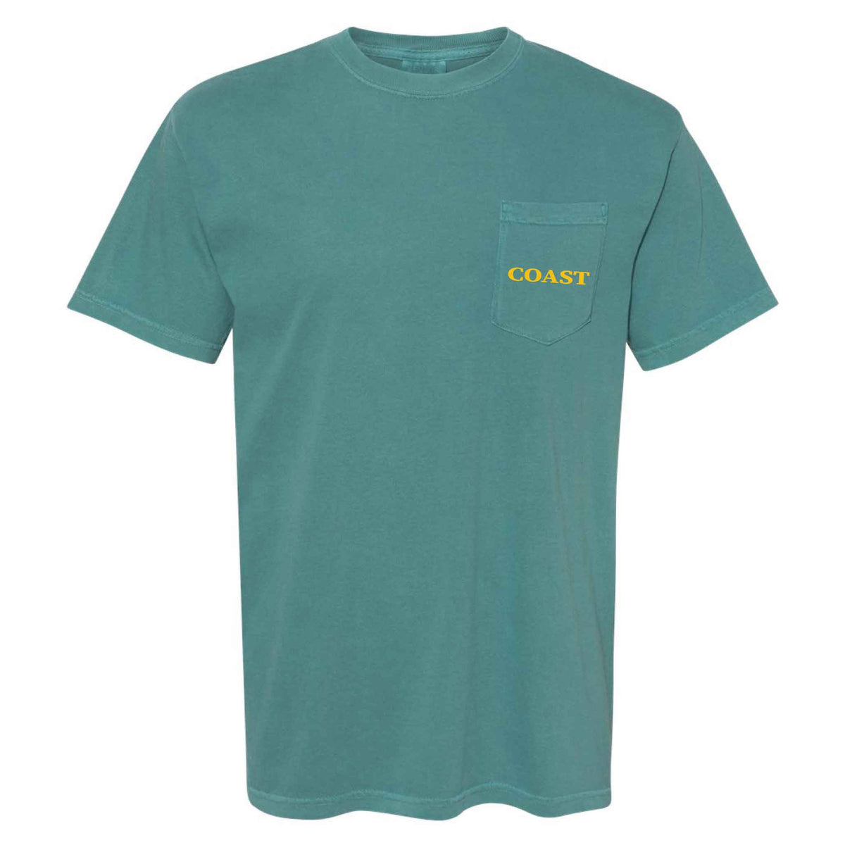 COAST emerald green short sleeve pocket t-shirt with yellow COAST logo printed on the front chest pocket.