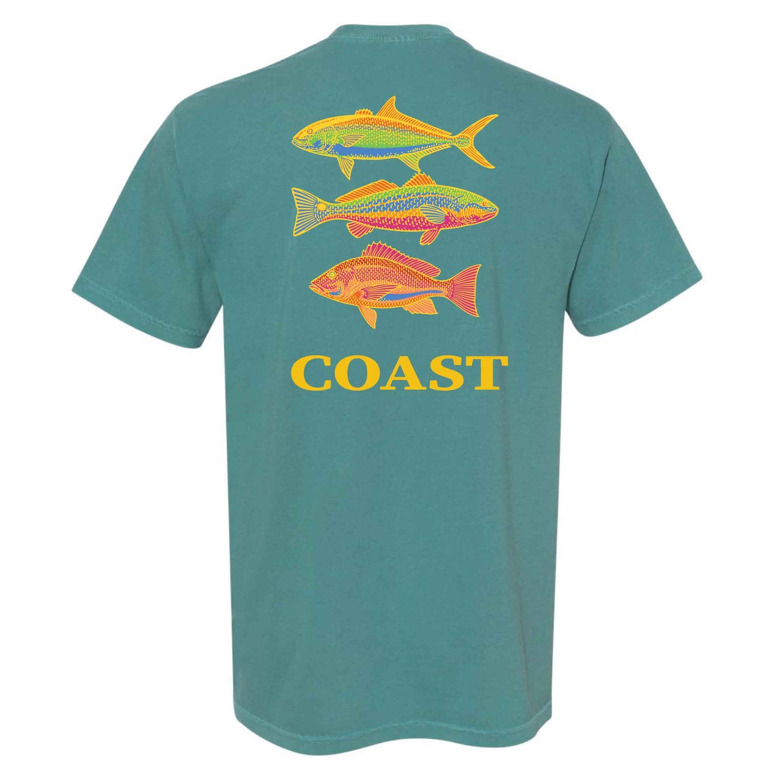 Back of COAST emerald green t-shirt featuring stacked colorful fish graphic above large COAST text.