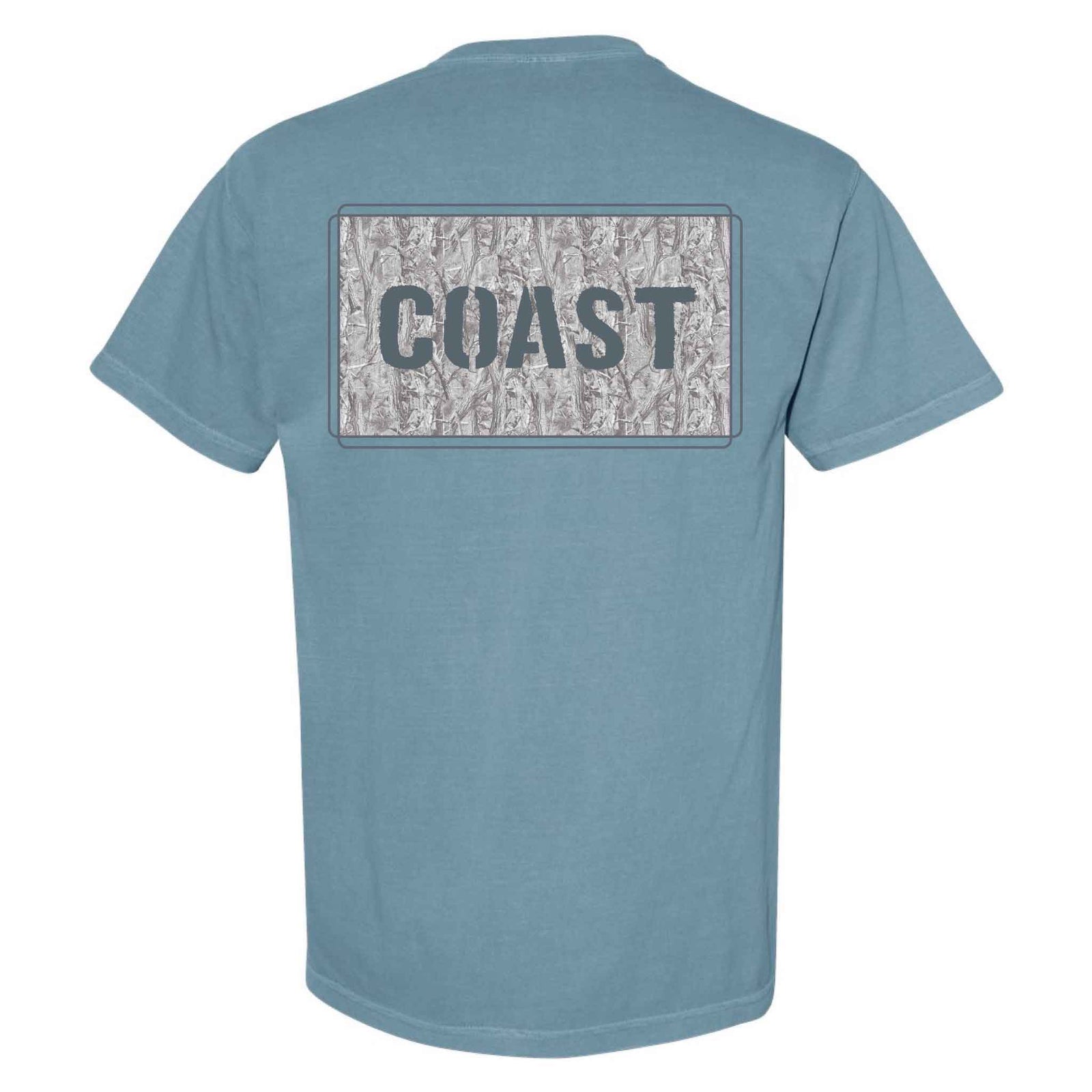 Back of COAST ice blue t-shirt featuring rectangular camo graphic with large COAST text centered inside.