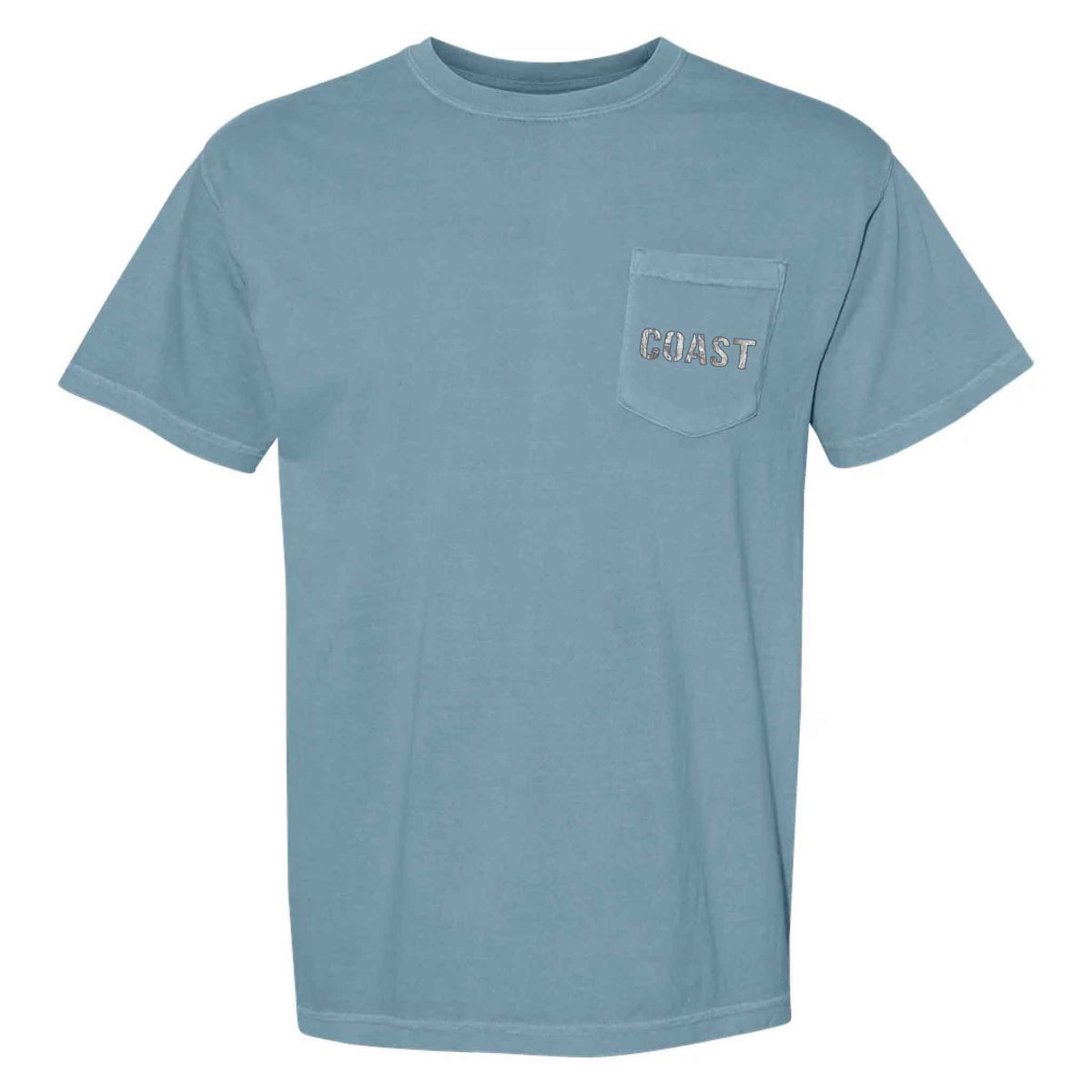 COAST ice blue short sleeve pocket t-shirt with camo-style COAST logo printed on the front chest pocket.