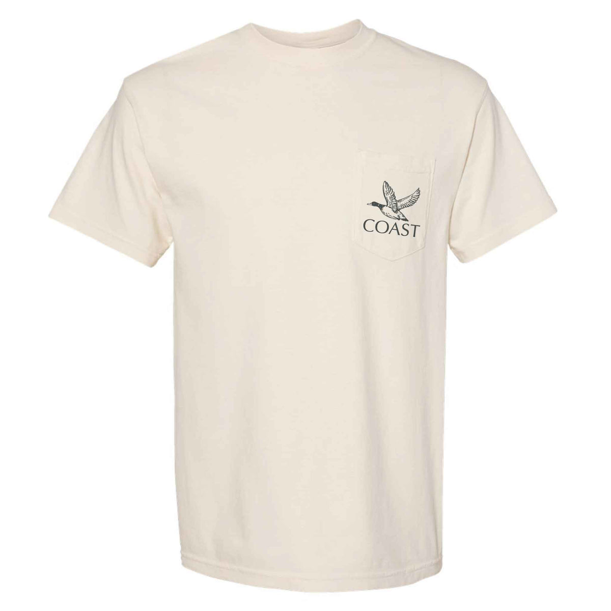 COAST ivory short sleeve pocket t-shirt with duck graphic and COAST text printed on the front chest pocket.