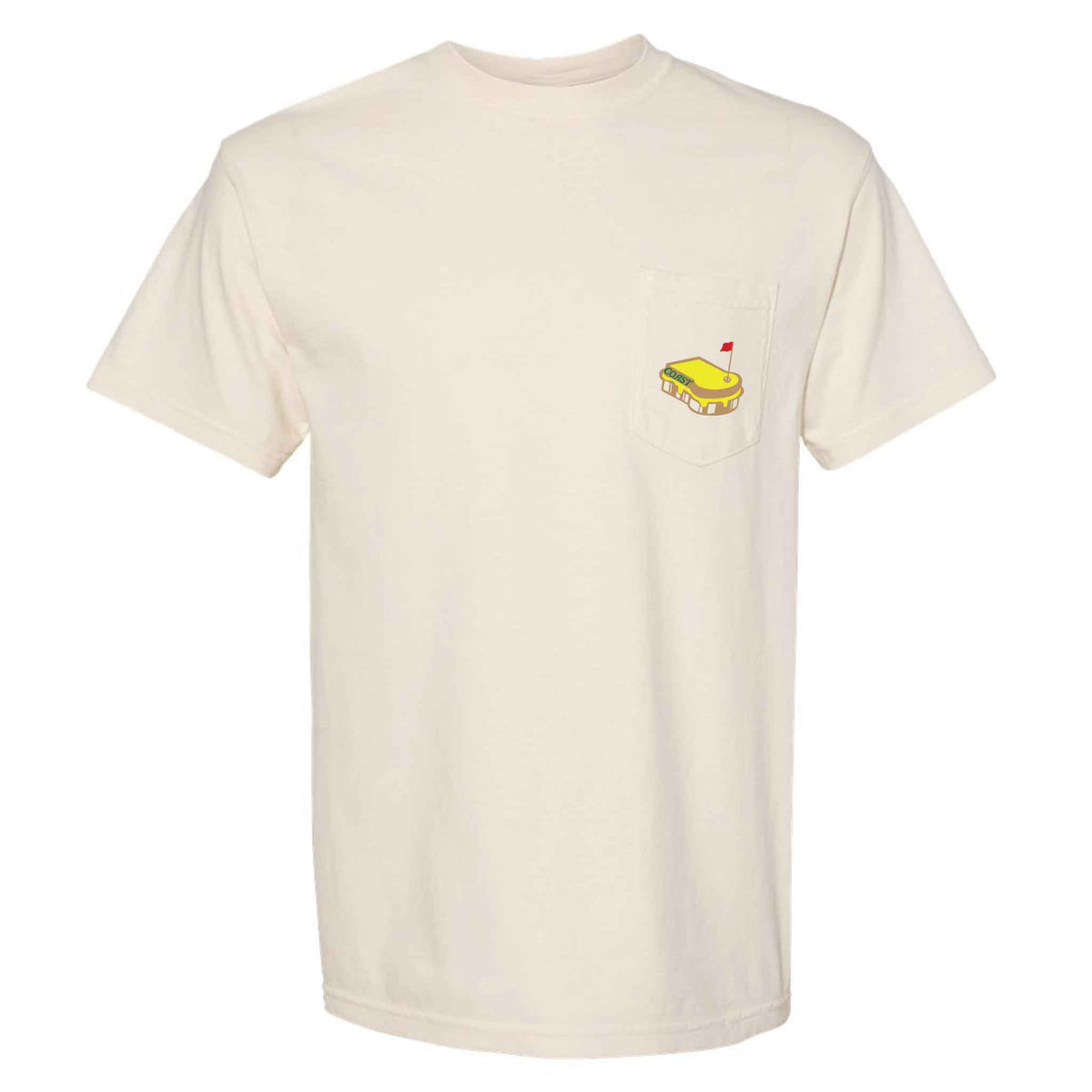 COAST ivory short sleeve pocket t-shirt with pimento cheese sandwich graphic printed on the front chest pocket.