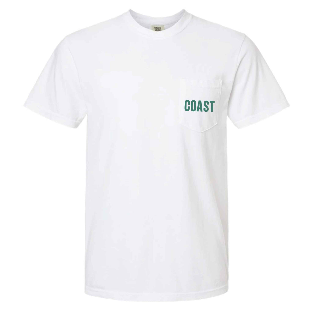 White COAST short sleeve pocket t-shirt with green COAST logo printed on the front chest pocket.