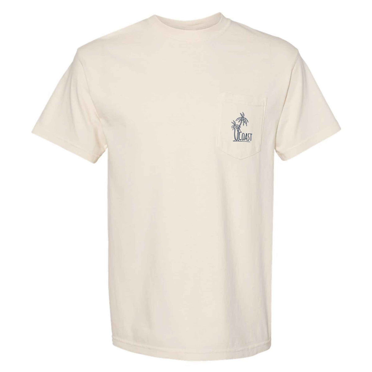 Ivory COAST short sleeve pocket t-shirt with small palm tree and COAST logo printed on the front chest pocket.