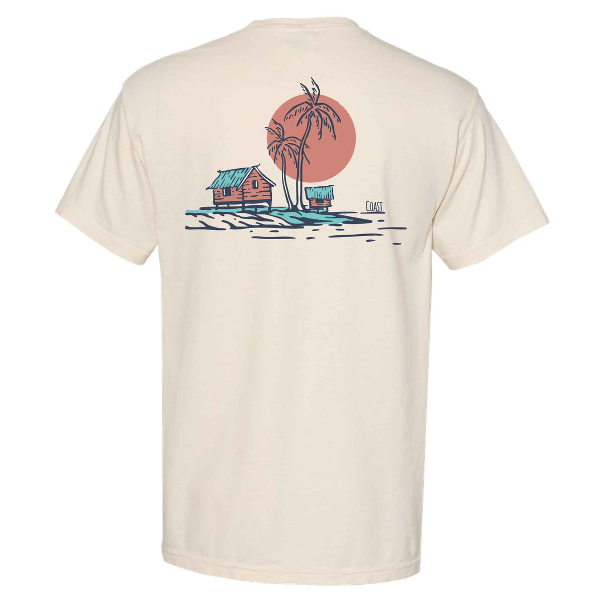 Back of ivory COAST t-shirt featuring island sunset graphic with palm trees, beach cottages, and coastal shoreline illustration.