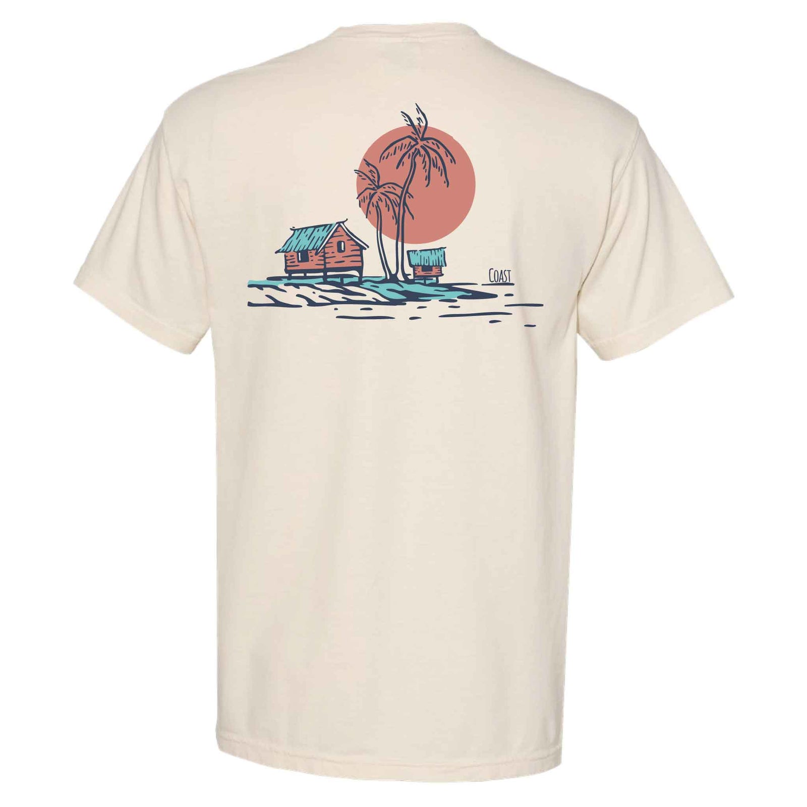 Back of ivory COAST t-shirt featuring island sunset graphic with palm trees, beach cottages, and coastal shoreline illustration.