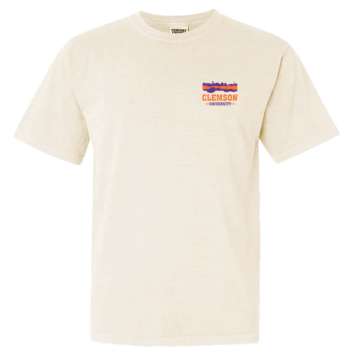 Front view of ivory Clemson University t-shirt with small chest logo and skyline design