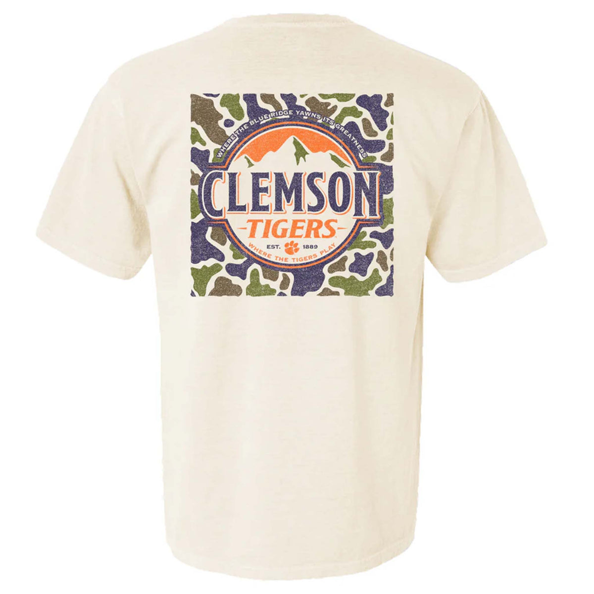 Back of ivory Clemson t-shirt with camo mountain graphic and large "Clemson Tigers" text in orange and purple